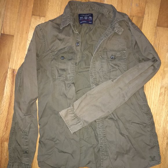Army/Olive Green canvas flannel button up - Picture 2 of 5